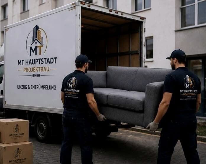 Umzugsteam trägt ein Sofa zum Firmentransporter